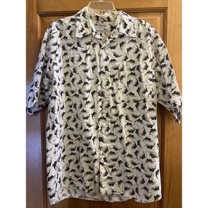 Columbia Mens Size Large White Beige Fish Pattern Button Up Short Sleeve Shirt